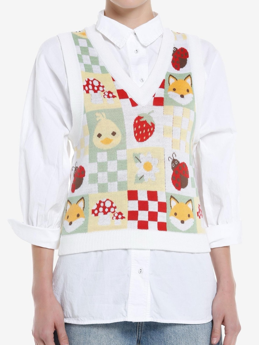 Playful Fox & Strawberry Knit Vest in Cream and Green